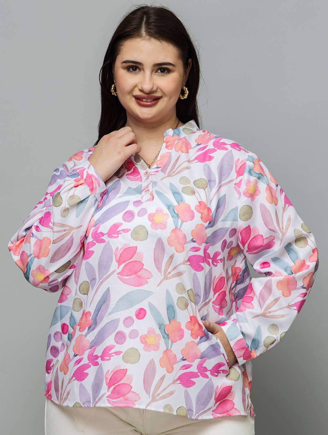 women plus size printed long sleeve top