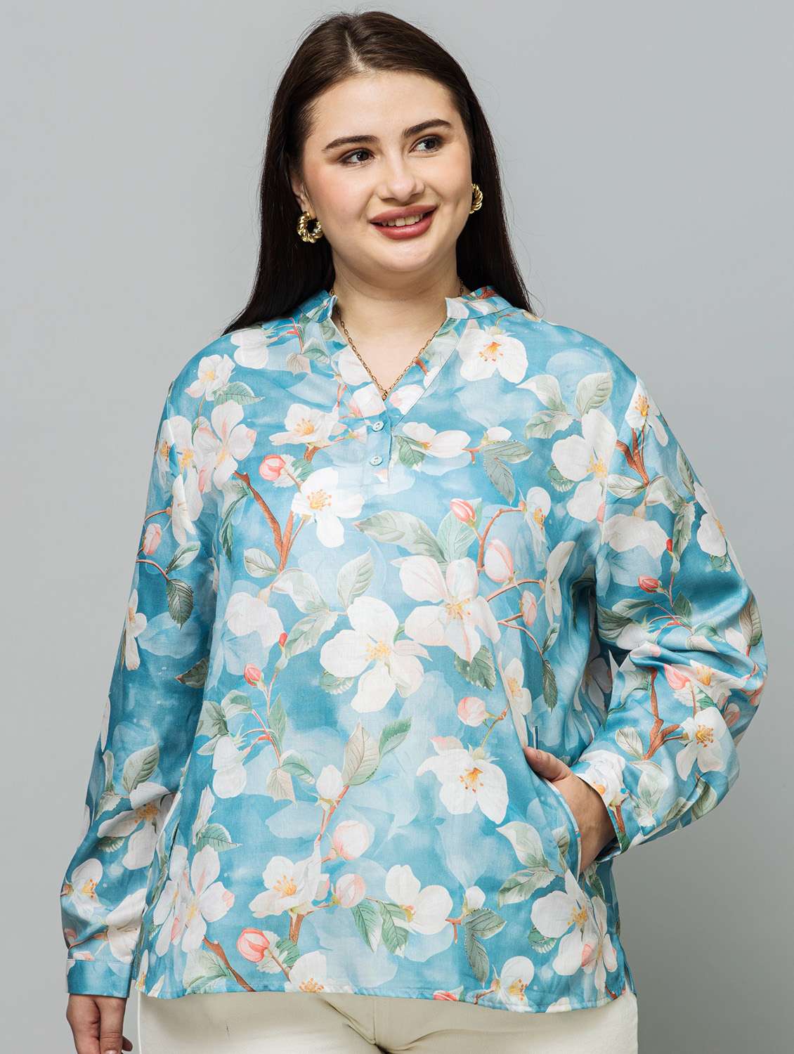 women plus size printed long sleeve top