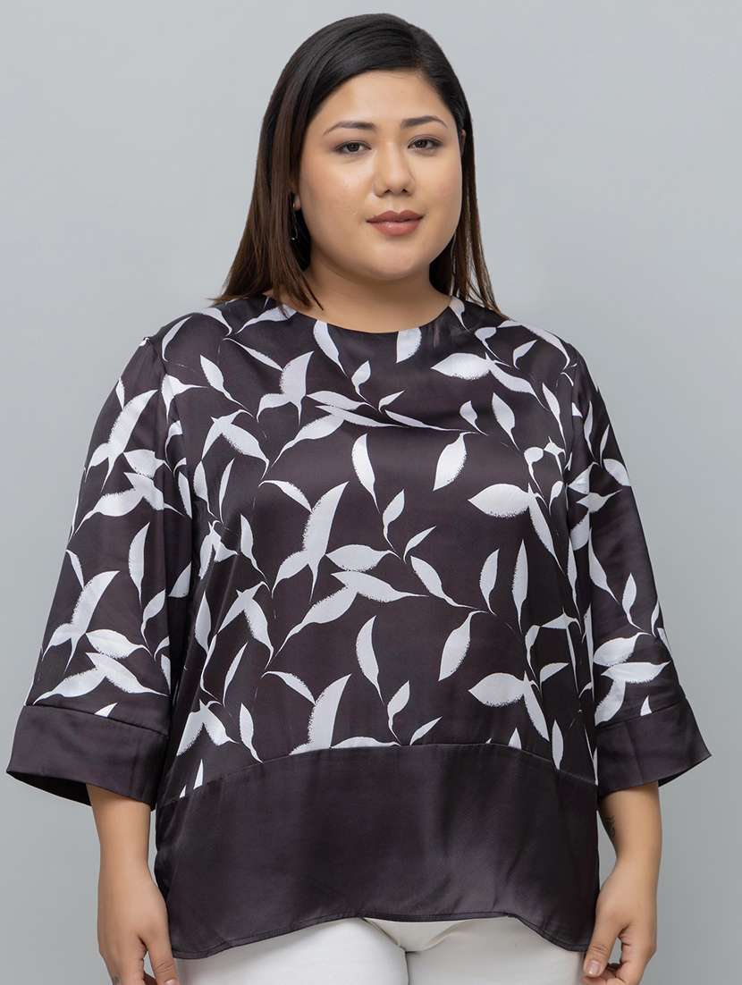 women floral black satin regular top