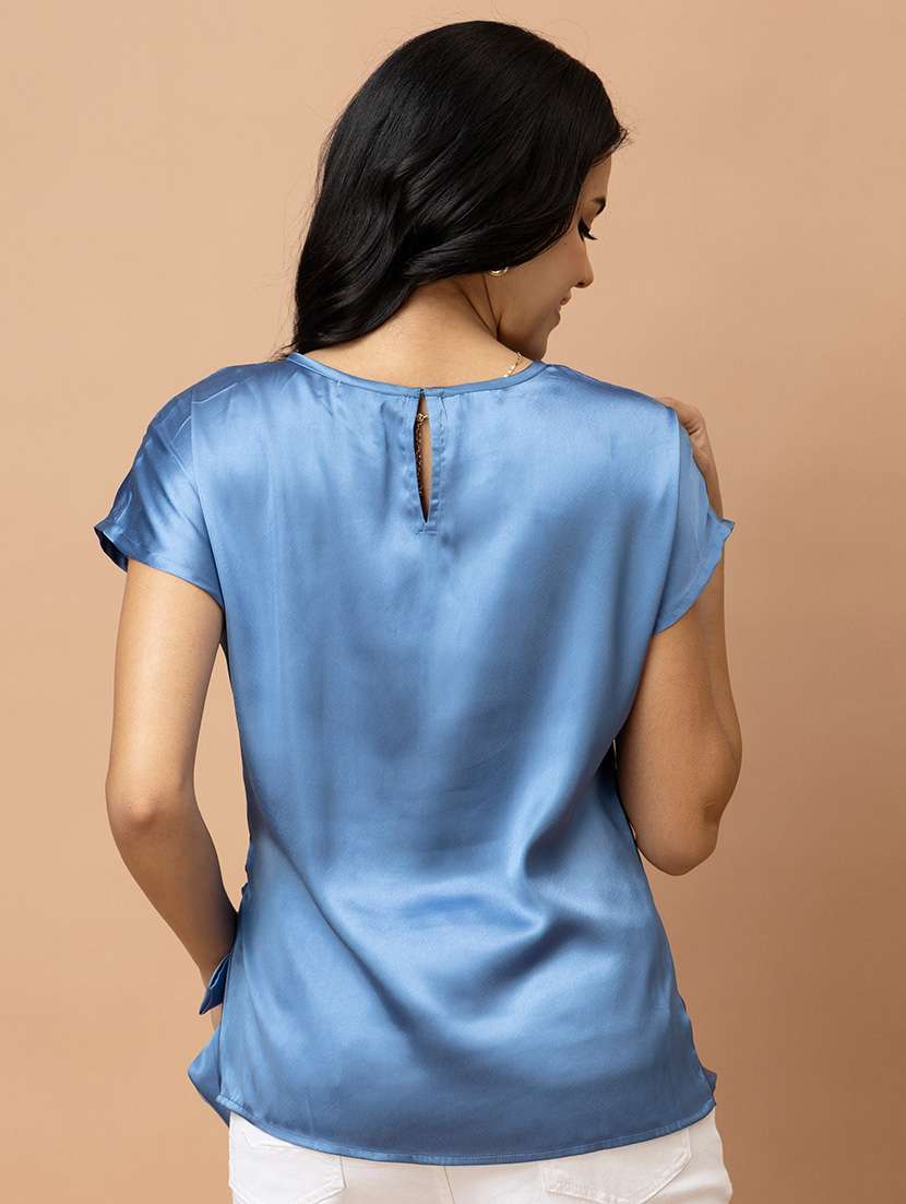 Women Solid Blue Satin Regular Top - 22443610 -  Standard Image - 4