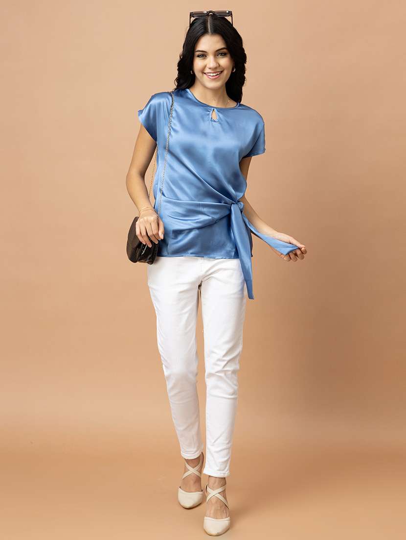 Women Solid Blue Satin Regular Top - 22443610 -  Standard Image - 6