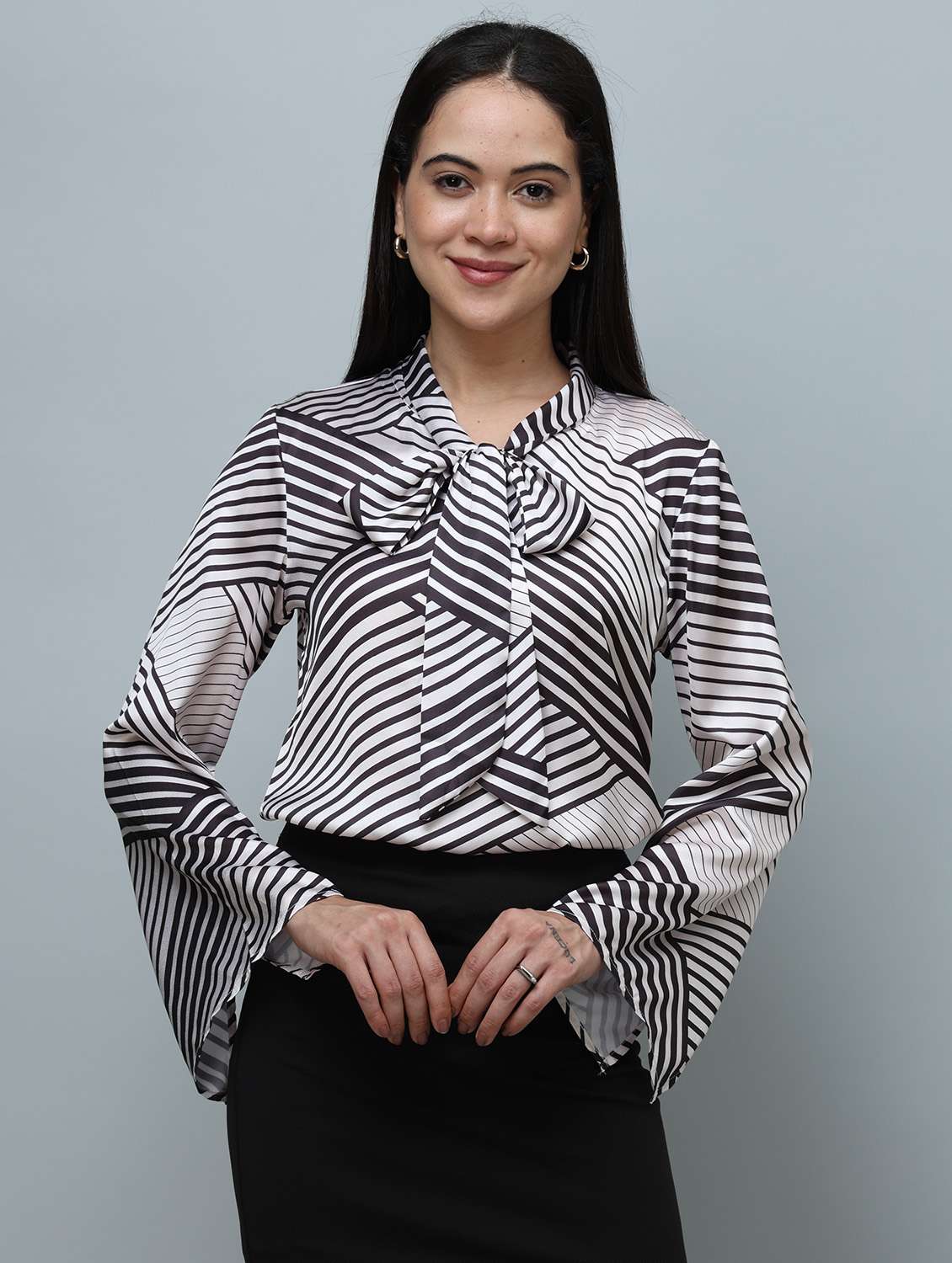women geometric black satin regular top