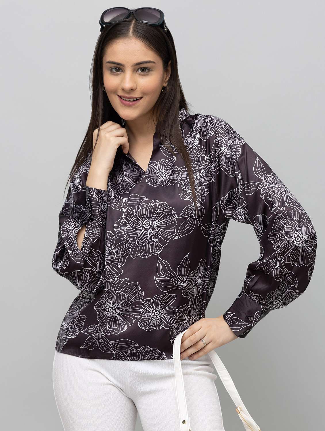 women floral black satin regular top