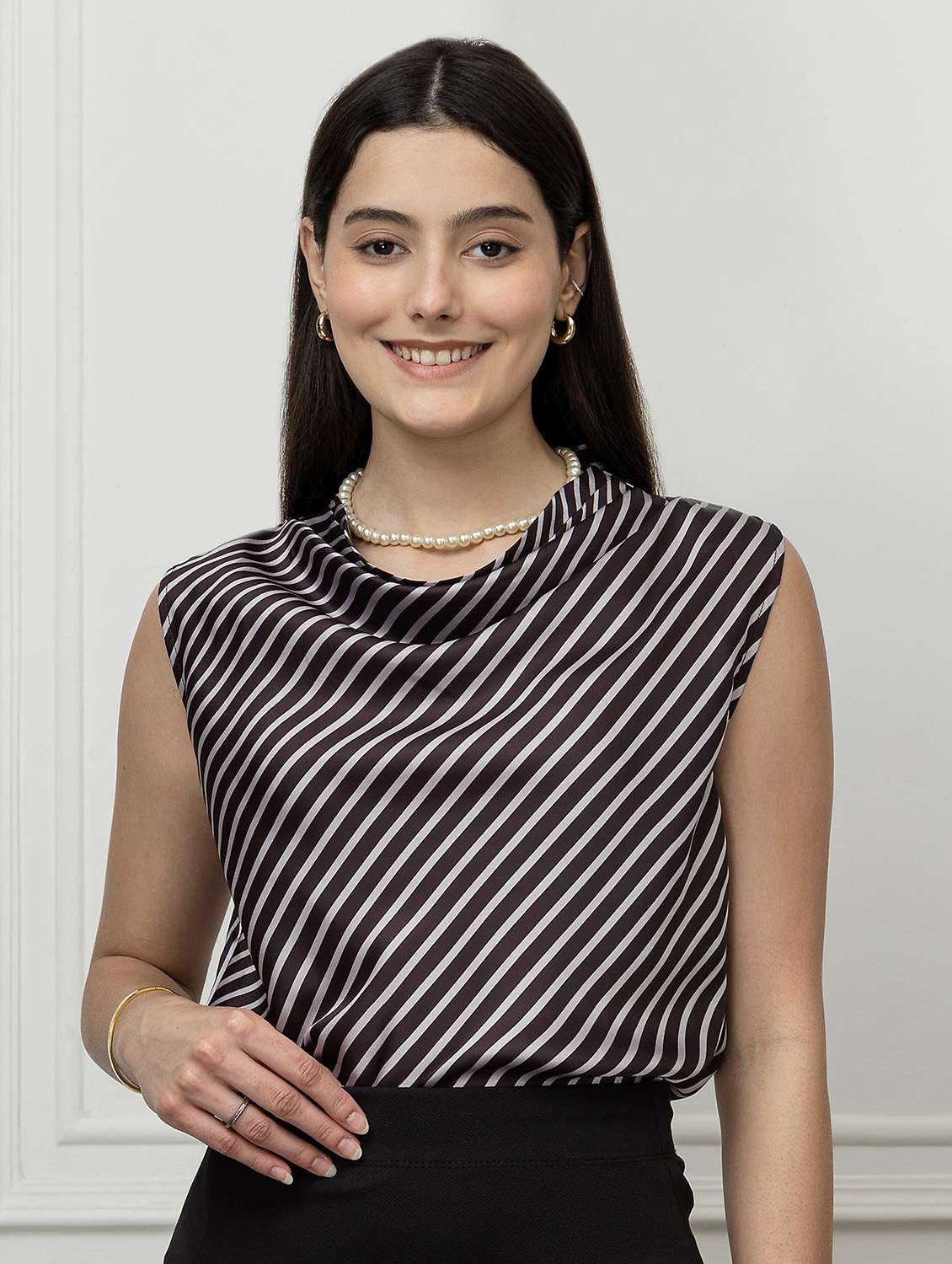 women stripes black satin regular top
