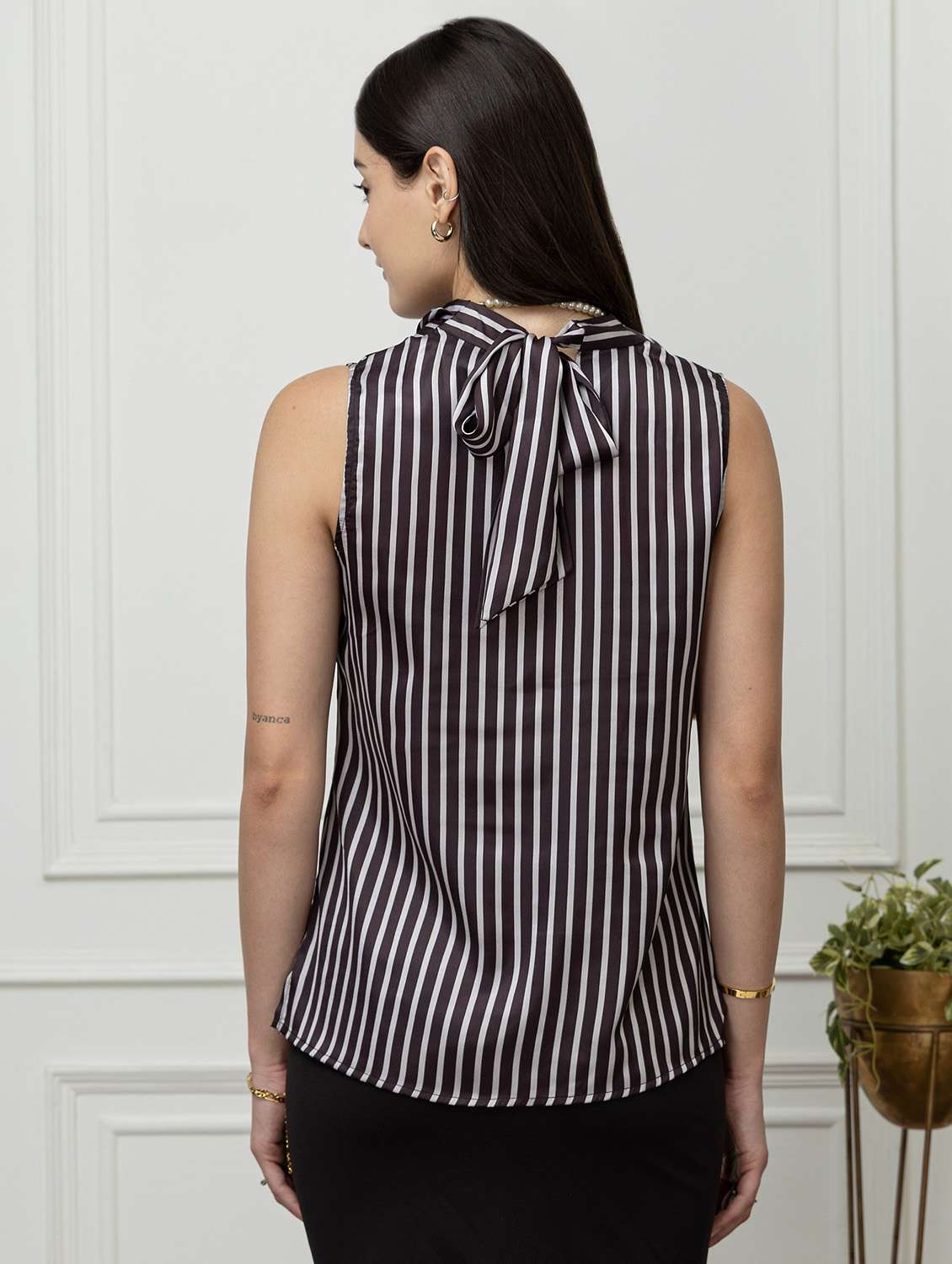 women stripes black satin regular top - 22443634 -  Standard Image - 4