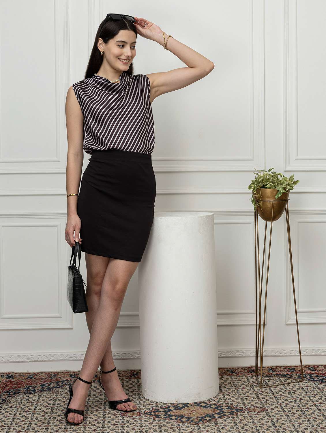women stripes black satin regular top - 22443634 -  Standard Image - 6