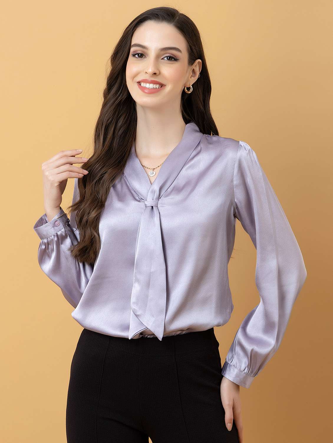 women solid lavender satin regular top