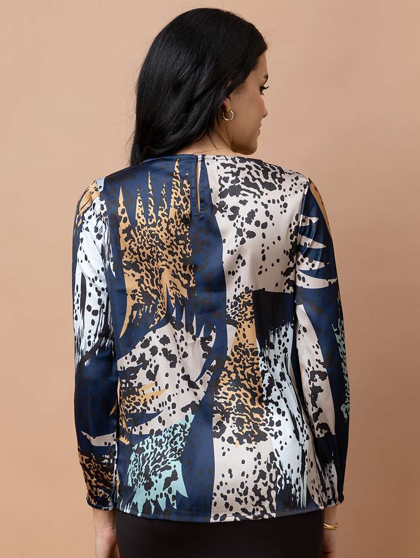 women animal print navy blue satin regular top - 22443657 -  Standard Image - 4