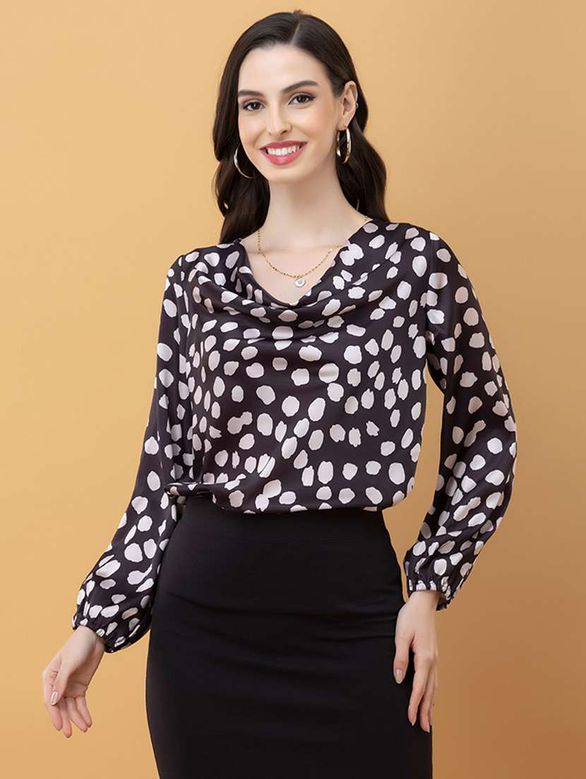 women polka dots black satin regular top