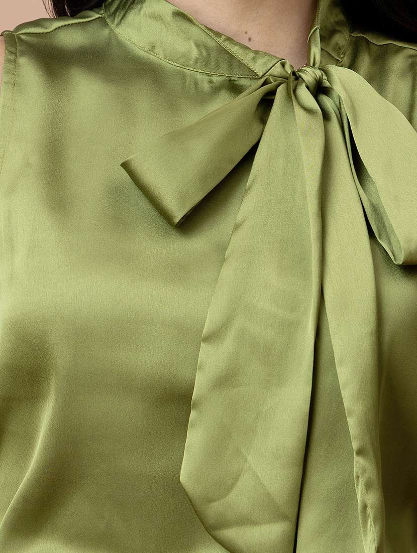 women solid olive satin regular top - 22443675 -  Standard Image - 1