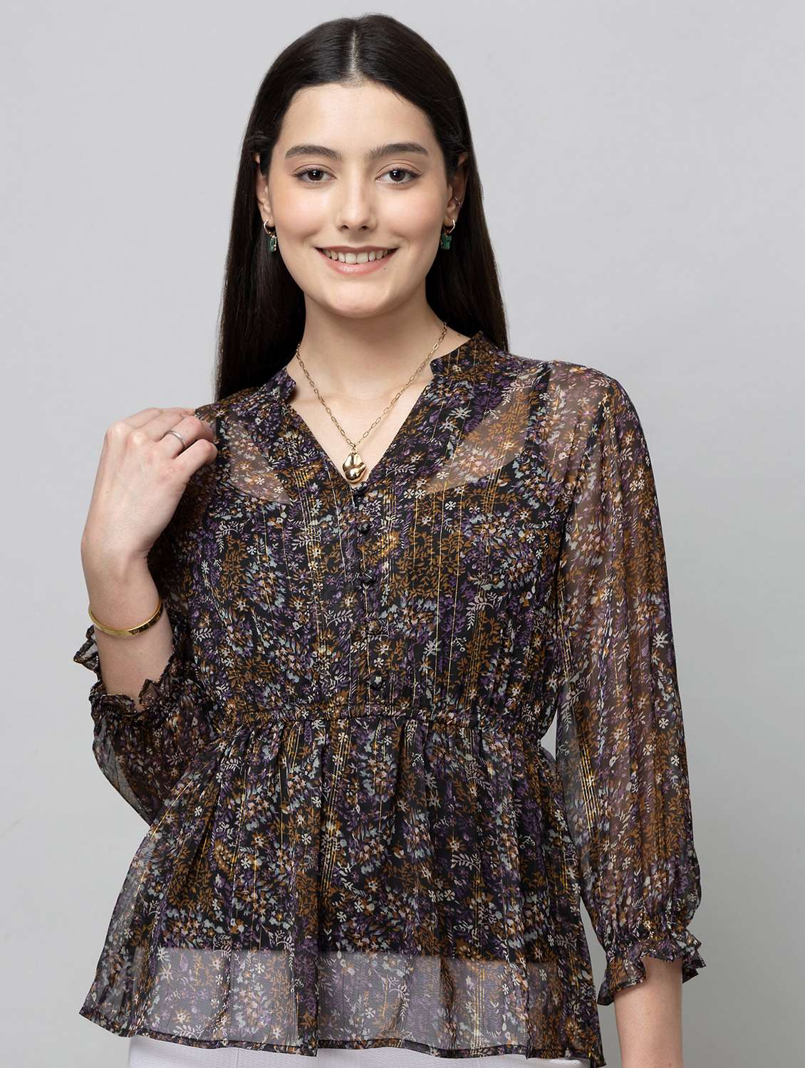 women floral black georgette regular top