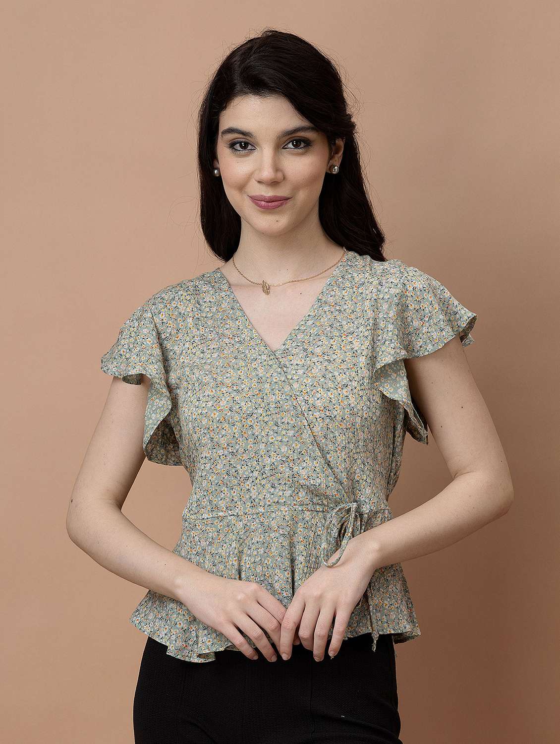 women printed short sleeve wrap top