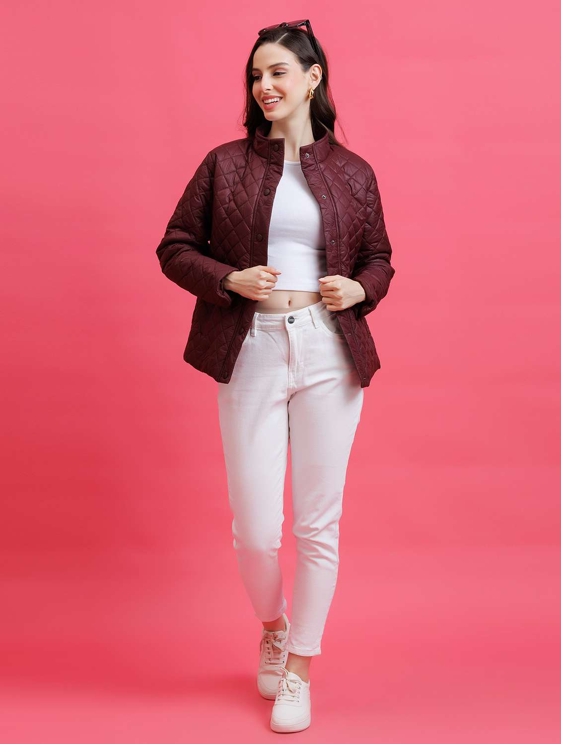 women solid nylon stand collar regular jacket - 22443700 -  Standard Image - 6