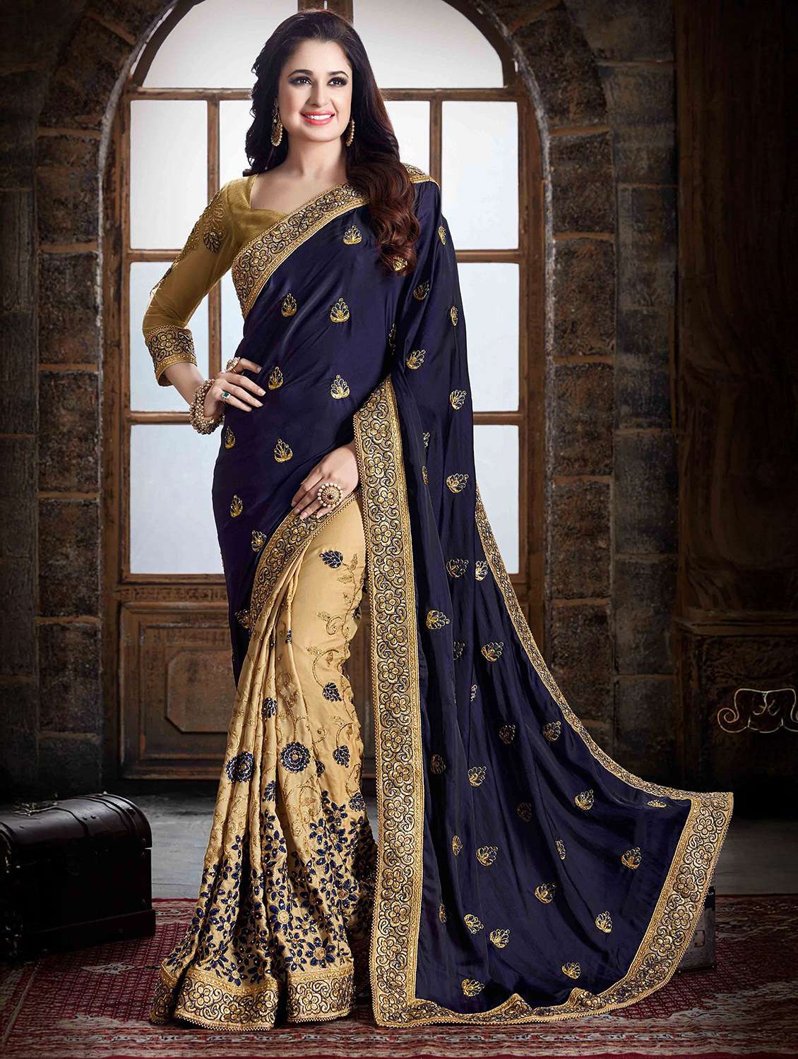 women solid with work half & half saree