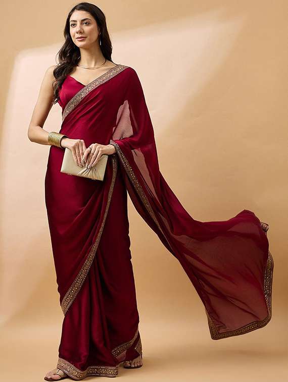 women solid with bordered saree