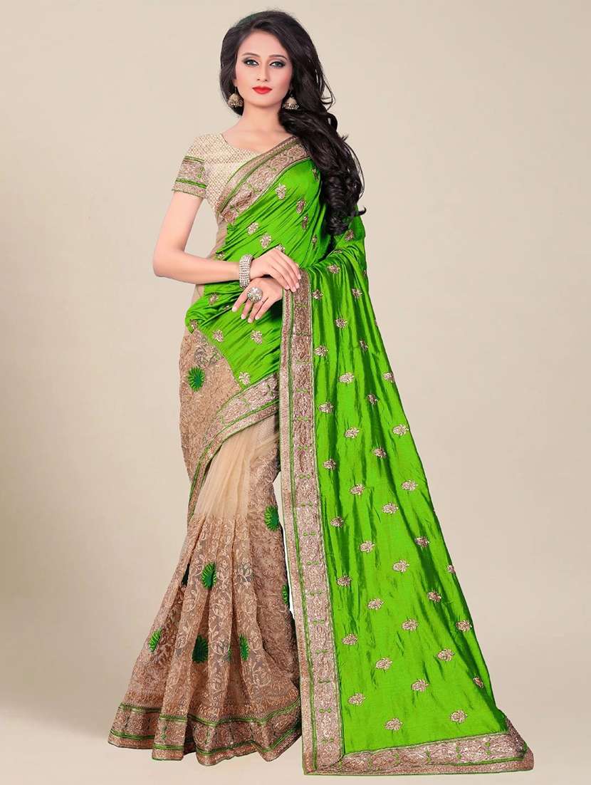 women solid with work half & half saree