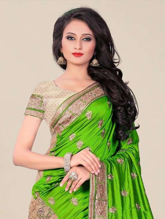 women solid with work half & half saree - 22444939 -  Standard Image - 1