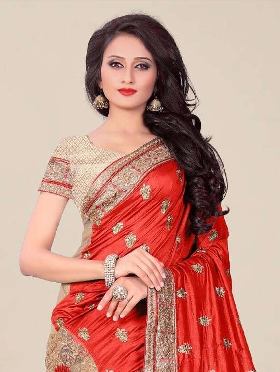 women solid with work half & half saree - 22444941 -  Standard Image - 1
