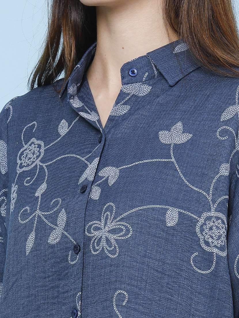 women embroidered three quarter sleeves shirt style top - 22446630 -  Standard Image - 1
