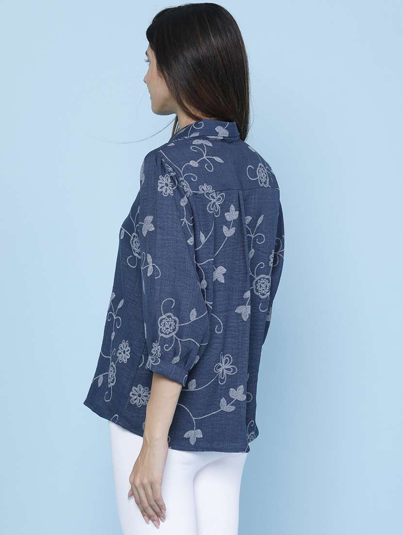 women embroidered three quarter sleeves shirt style top - 22446630 -  Standard Image - 4