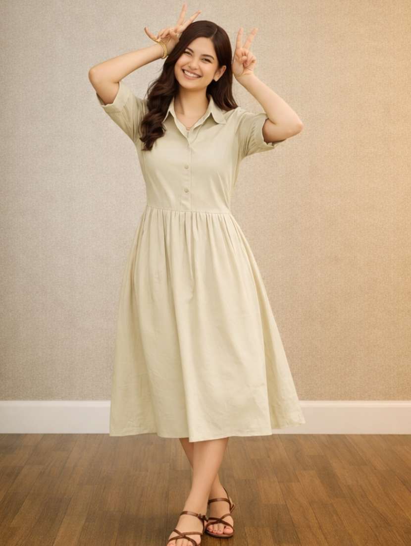 women cotton a-line fit and flare beige dress - 22447568 -  Standard Image - 1
