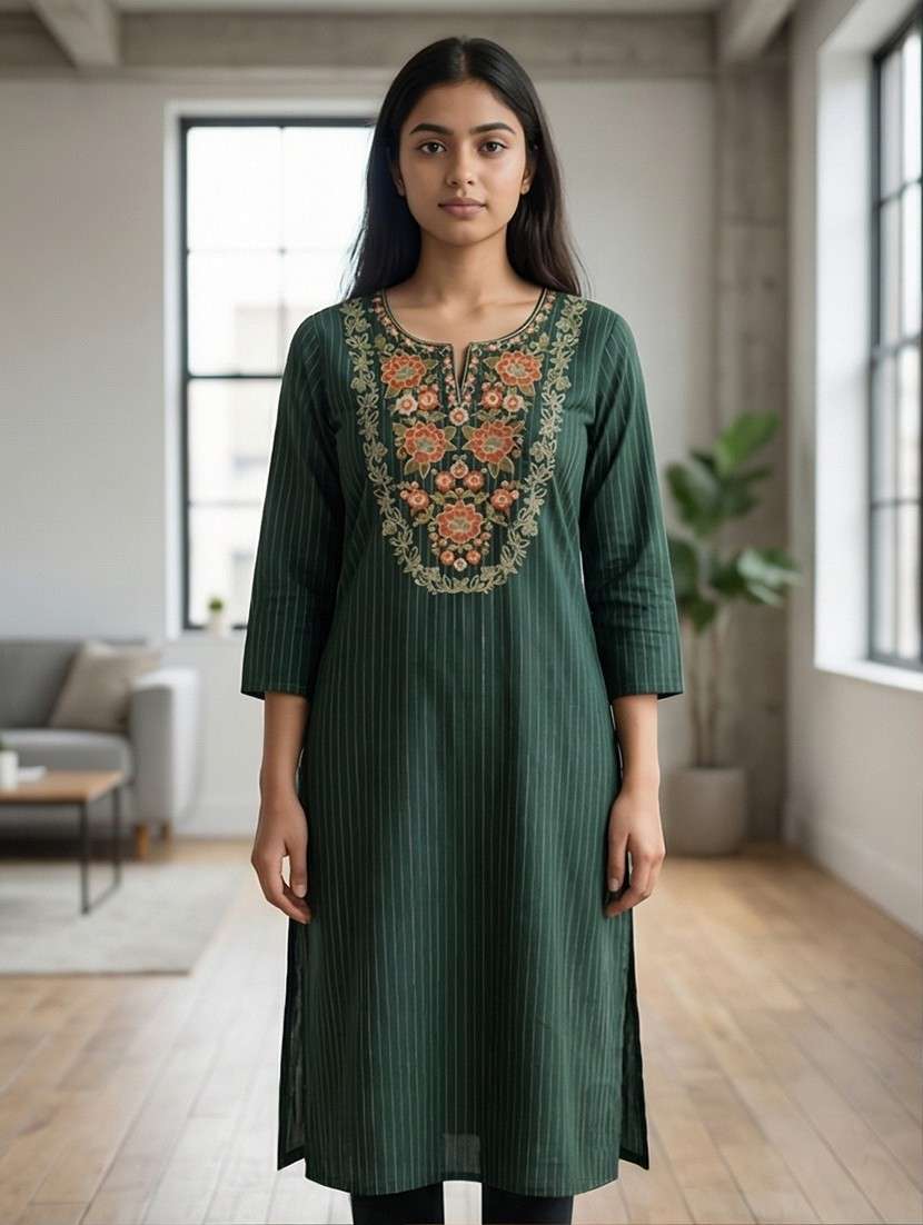 women striped three quarter sleeve straight kurta - 22447617 -  Standard Image - 1