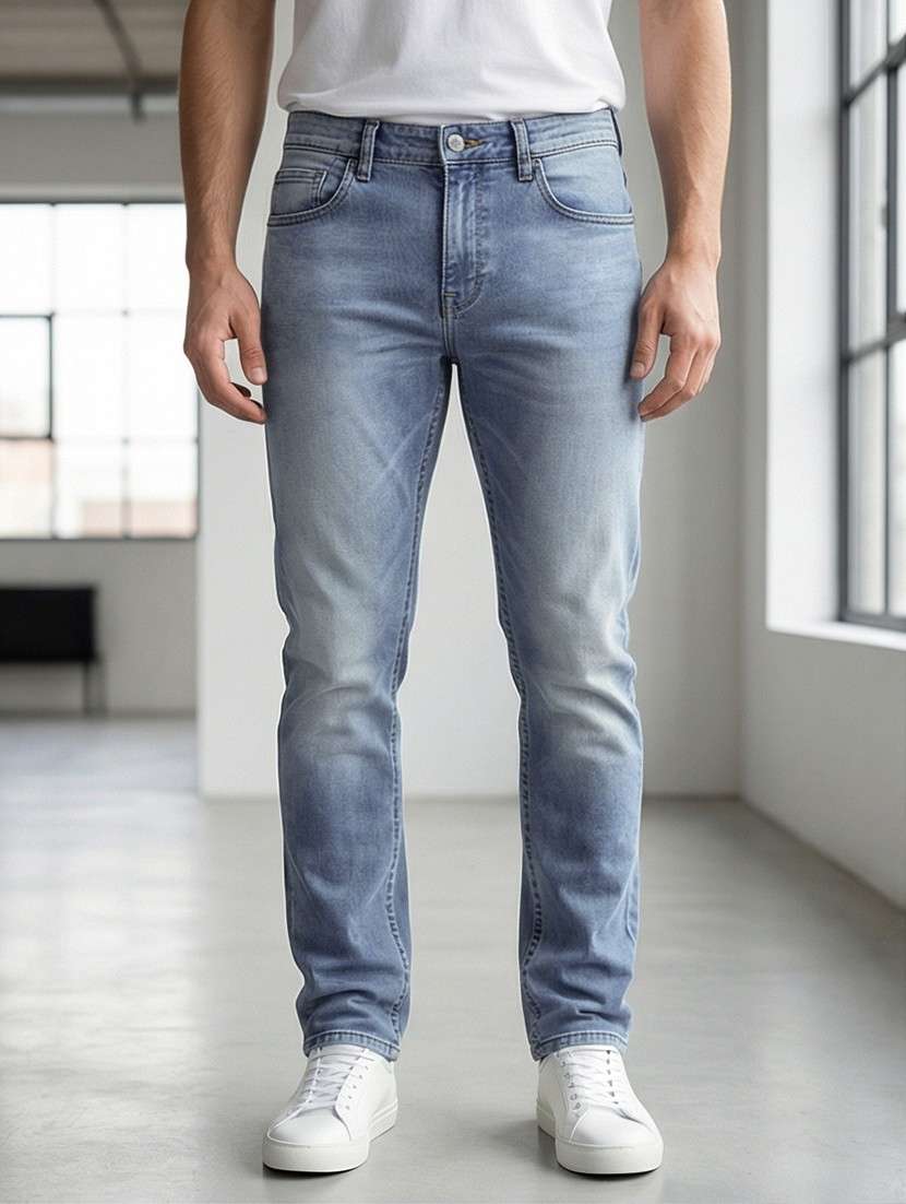 men washed high rise full length tapered jeans