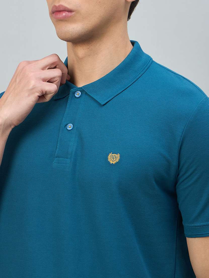 Men Blue Cotton Blend Plain T-shirt - 22448018 -  Standard Image - 1