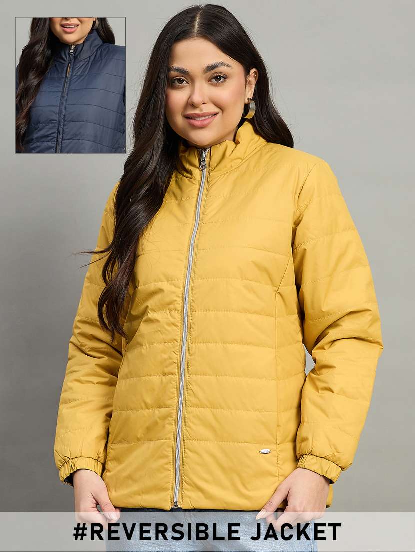 women solid long sleeve reversible puffer jacket