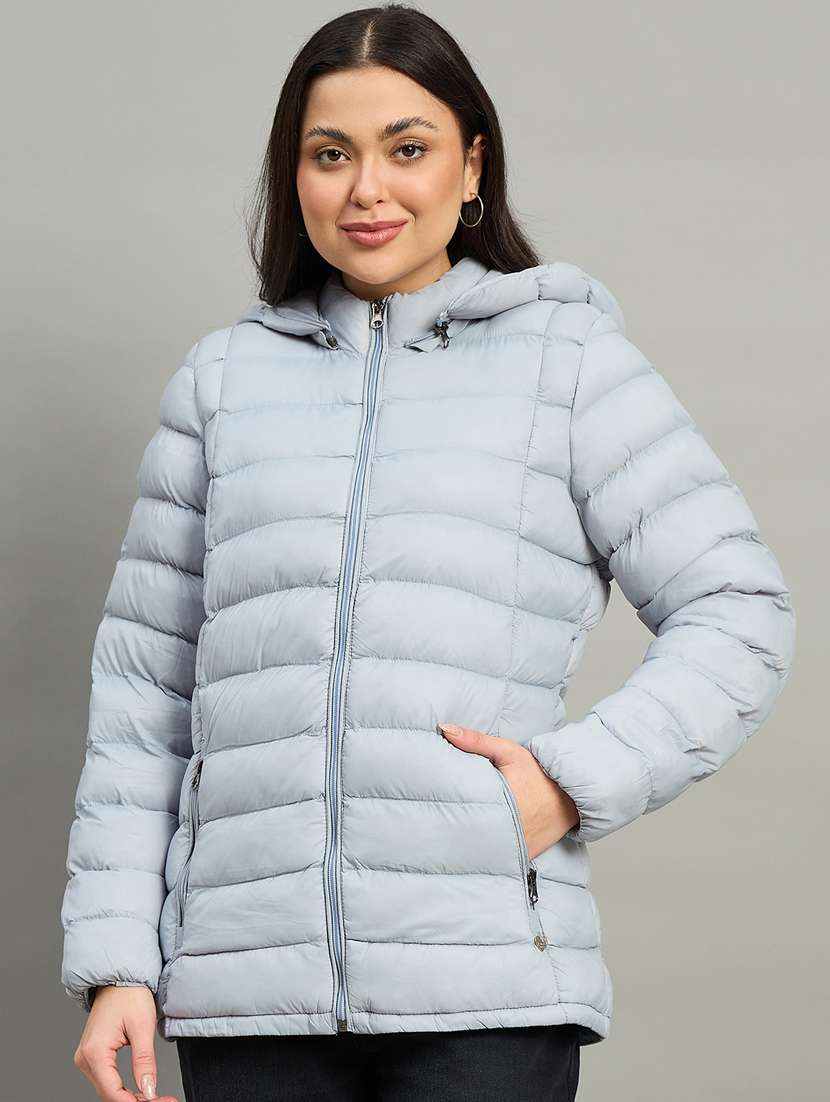 women solid long sleeve hooded puffer jacket