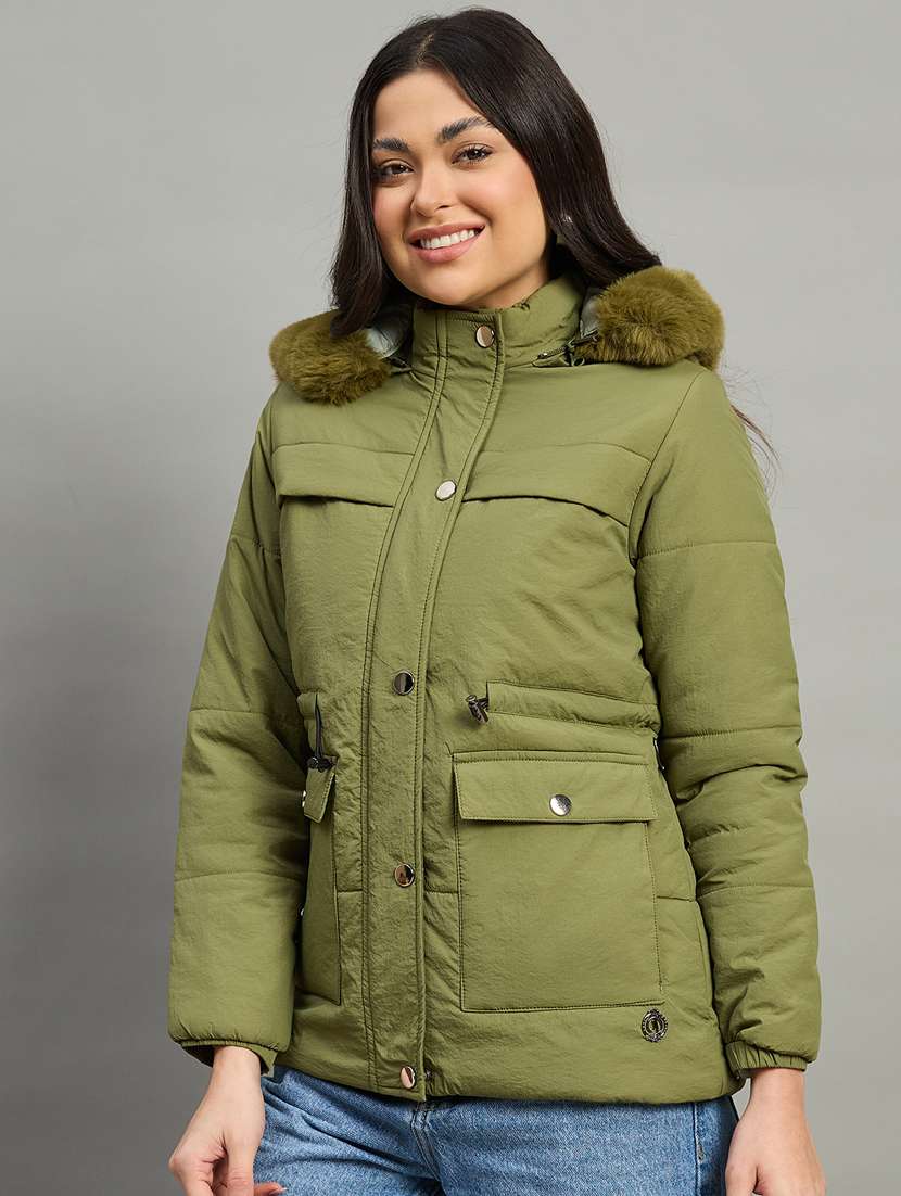 women solid long sleeve parka jacket - 22448101 -  Standard Image - 1