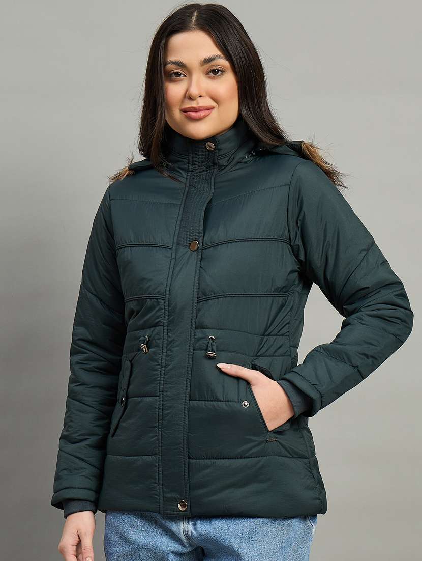 women solid long sleeve quilted jacket