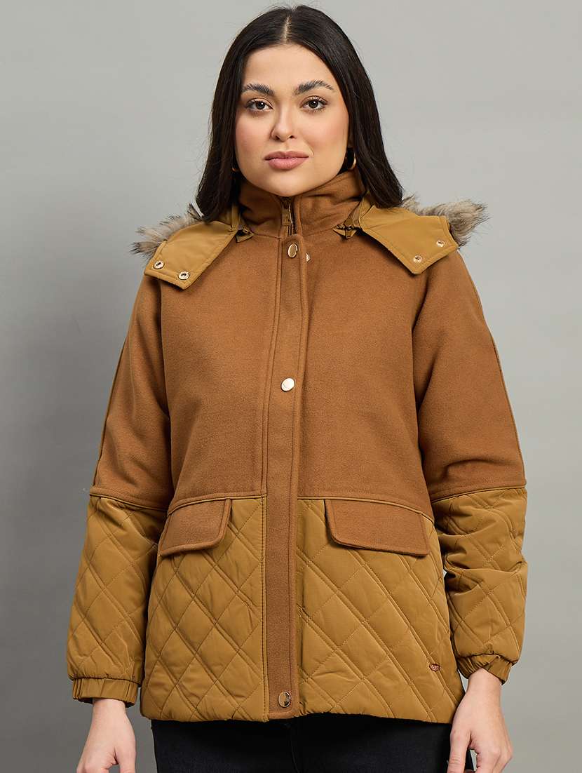 women solid long sleeve parka jacket