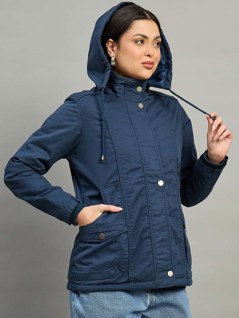 women solid long sleeve parka jacket - 22448107 -  Standard Image - 1