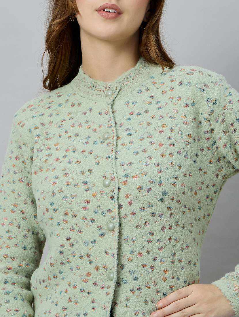 women sea green acrylic plain cardigan - 22448124 -  Standard Image - 1