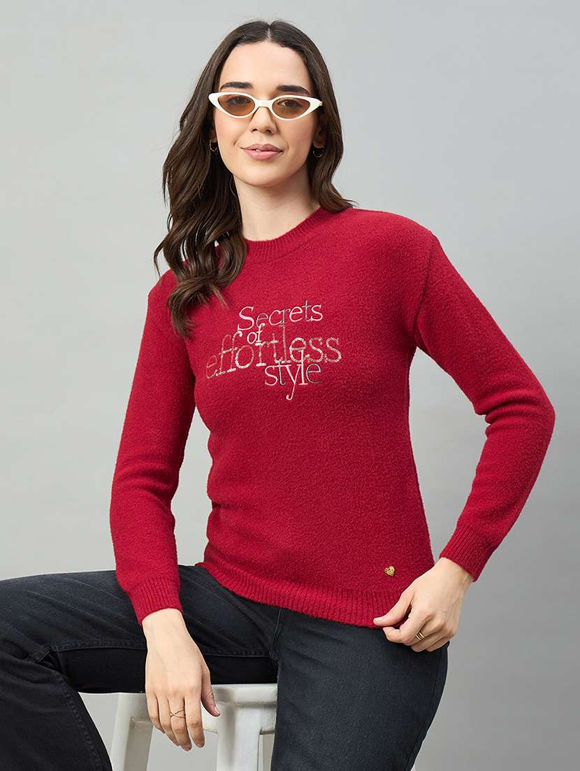 women red acrylic plain sweatshirt