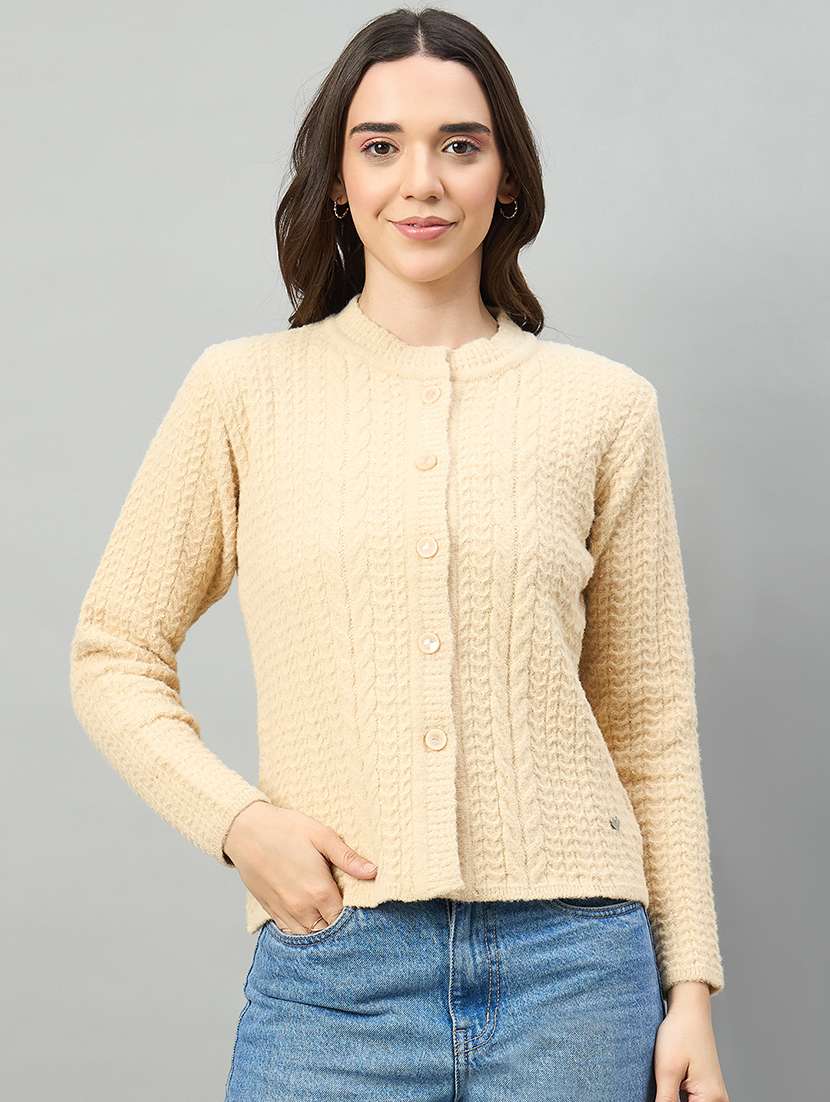 women beige acrylic plain cardigan - 22448225 -  Standard Image - 1