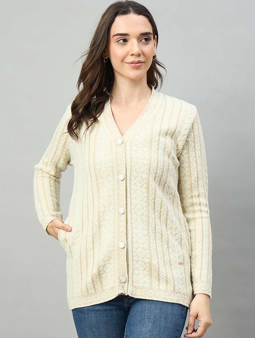 women off white acrylic plain cardigan - 22448334 -  Standard Image - 1