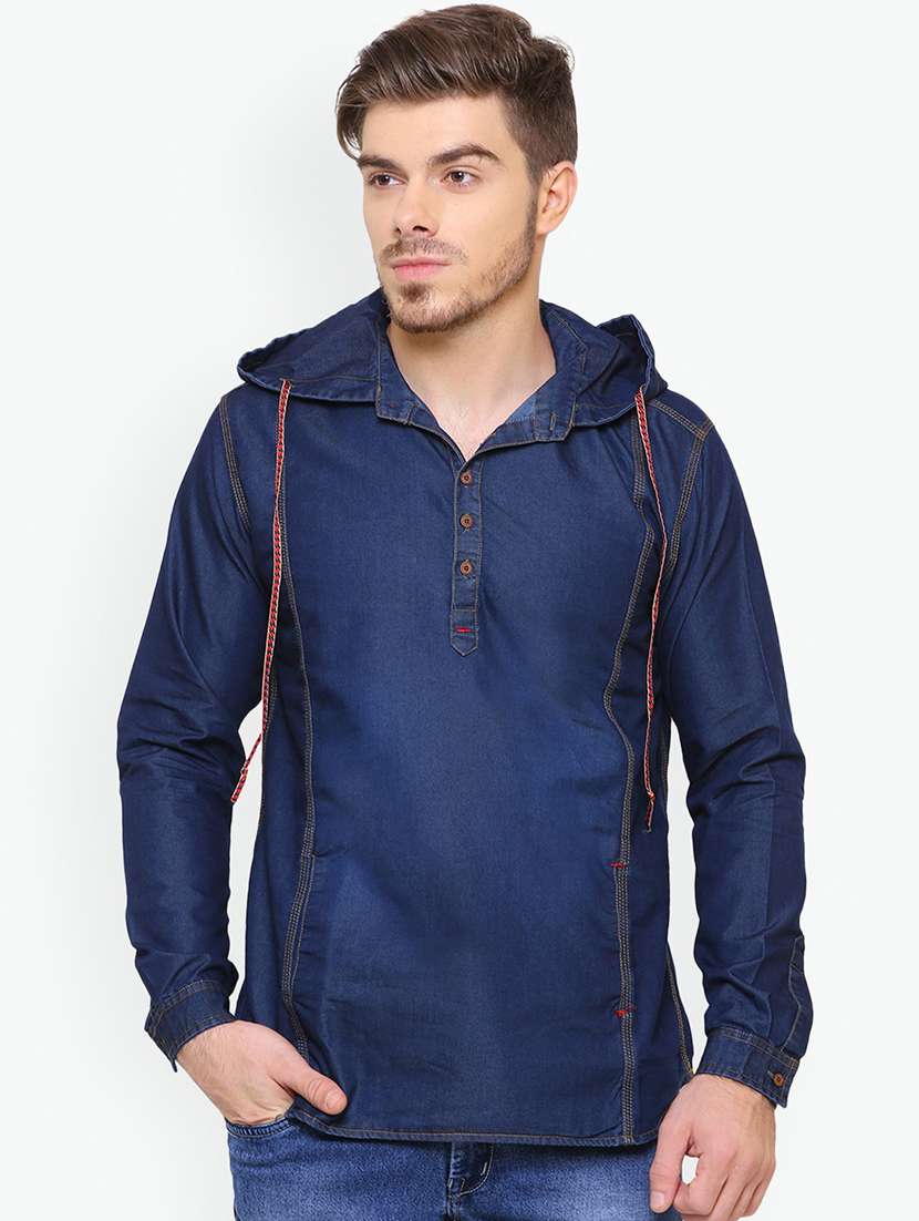 men solid long sleeve hooded kurta