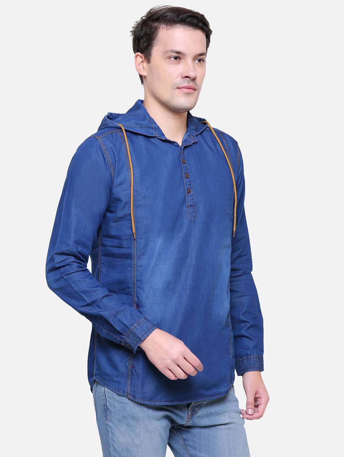 men solid long sleeve hooded kurta