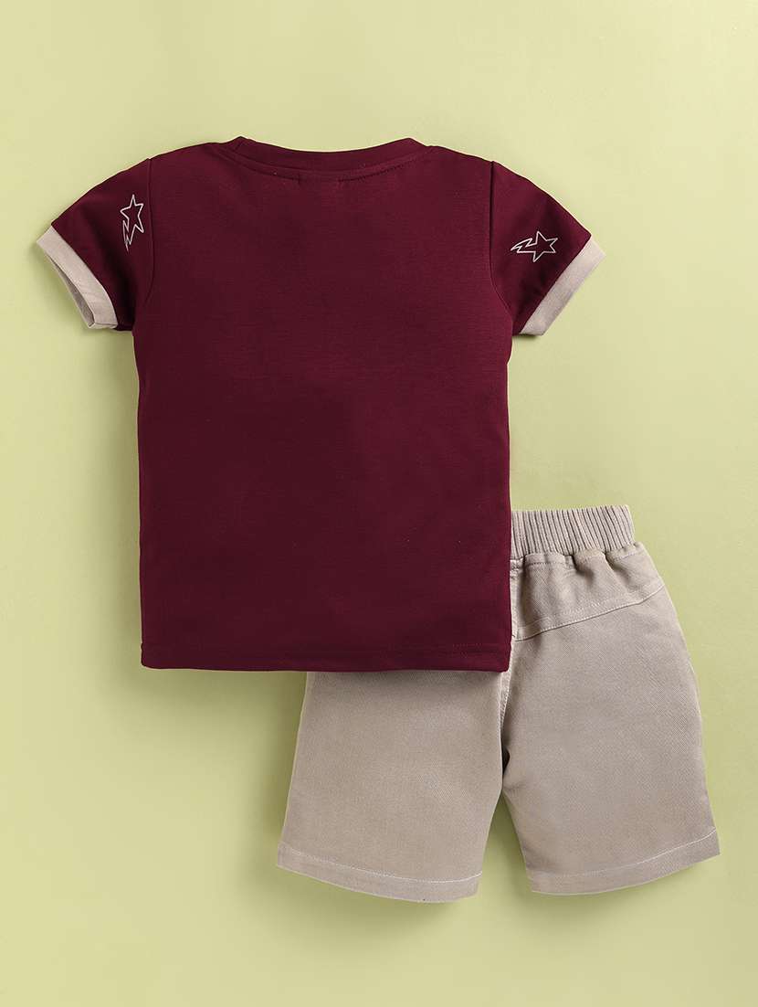 boys maroon cotton blend shorts set co-ords set - 22448454 -  Standard Image - 1
