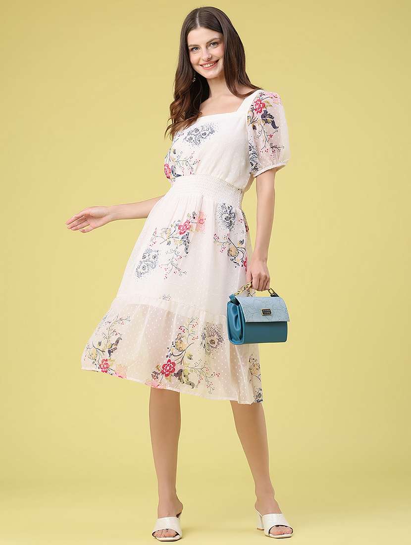 women printed puff sleeves tiered dress