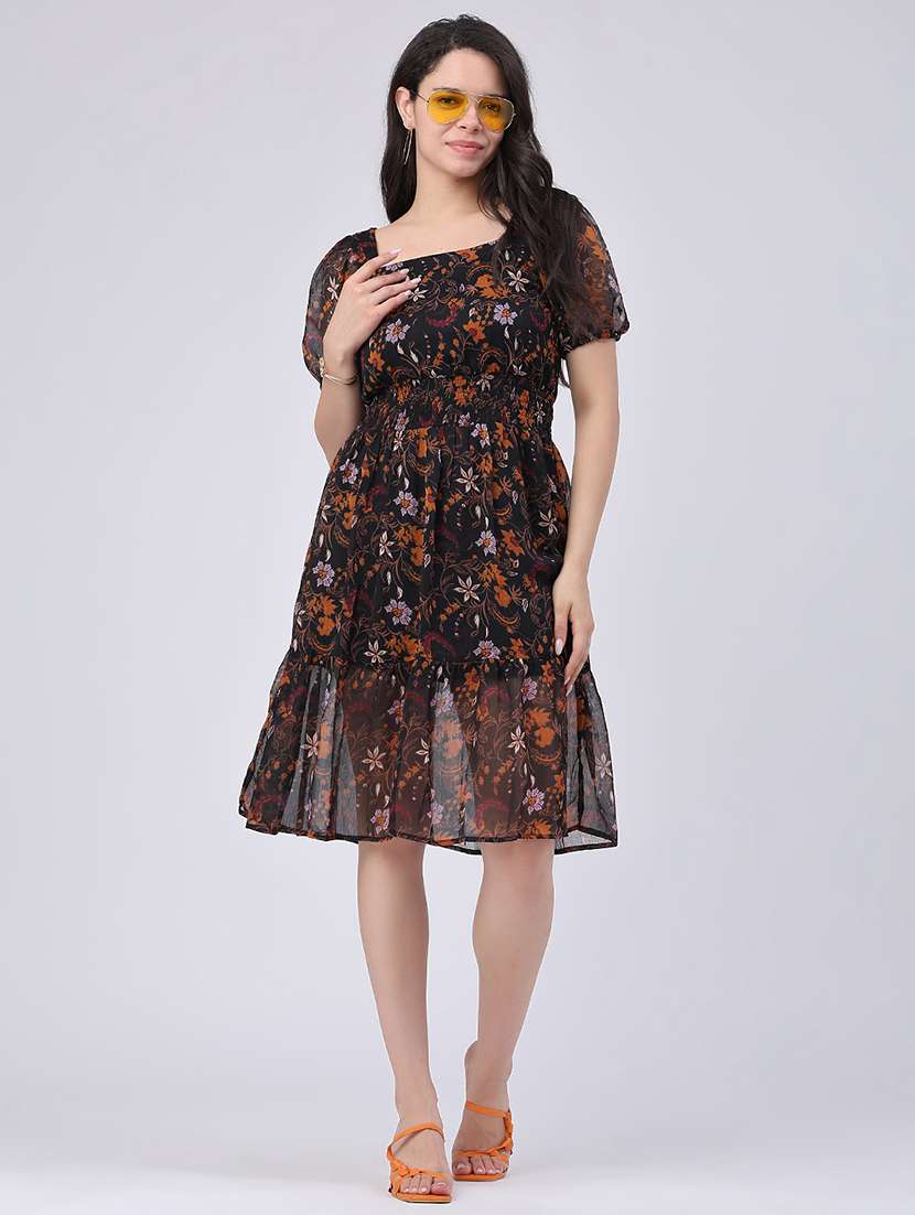 women printed puff sleeves tiered dress