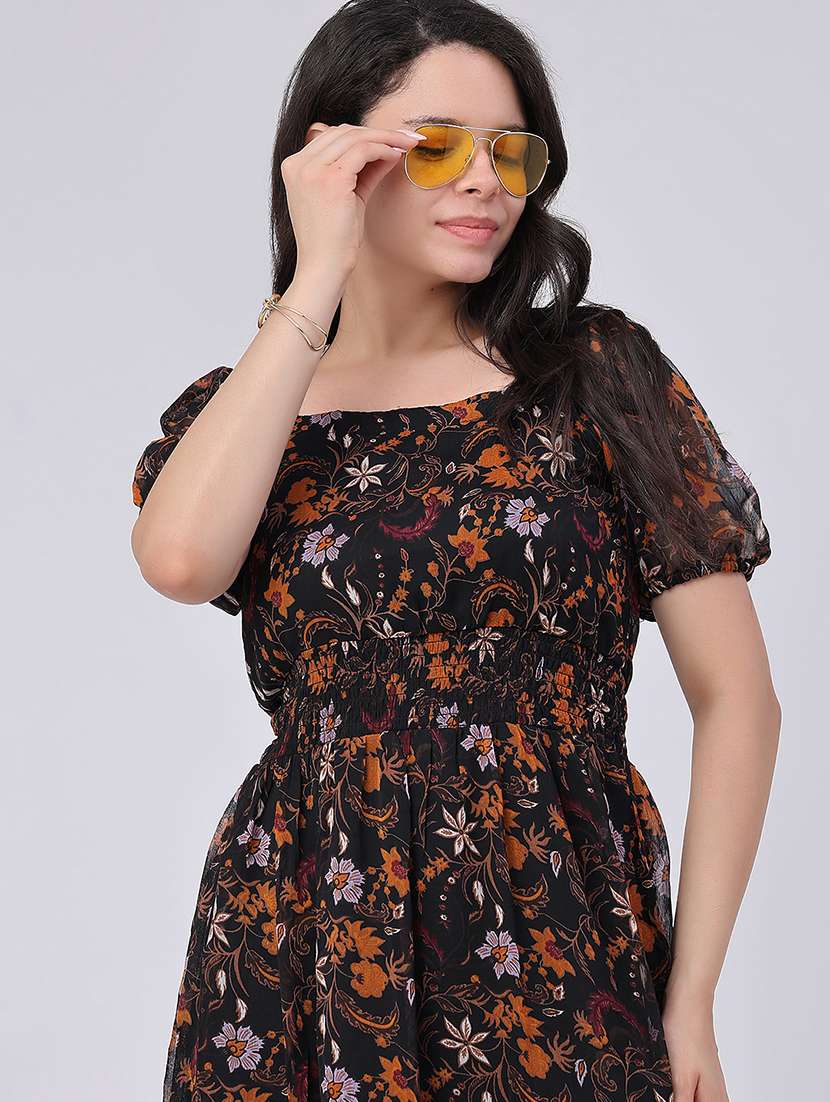 women printed puff sleeves tiered dress - 22449383 -  Standard Image - 1