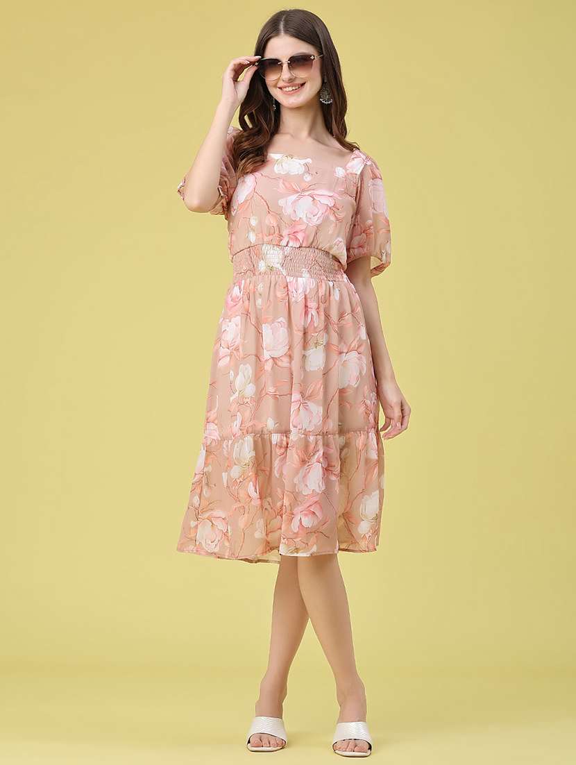 women printed puff sleeves tiered dress