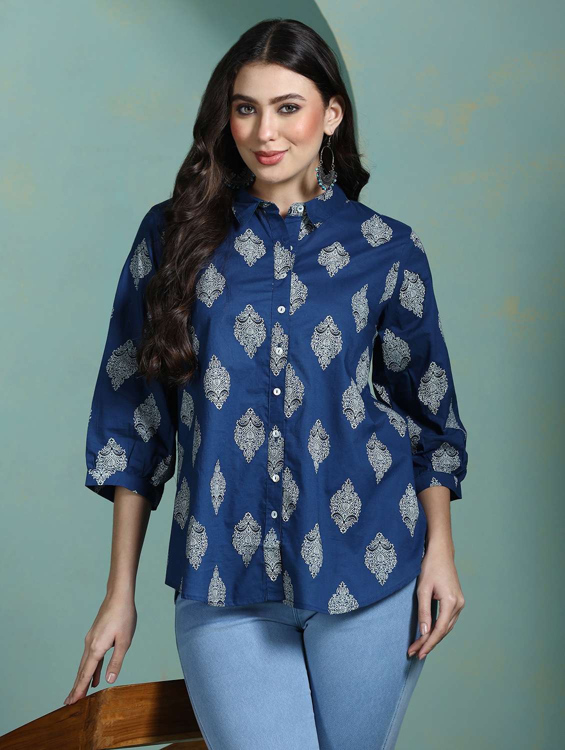 women blue cotton a-line tunic