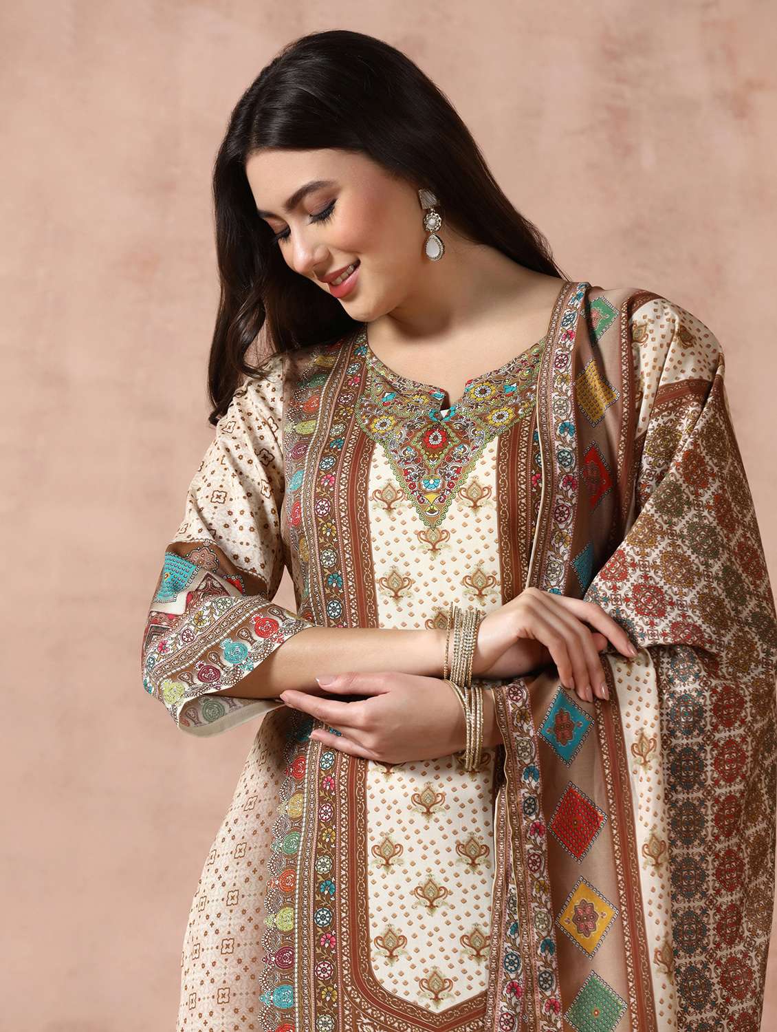 women printed three quarter sleeve kurta pant with dupatta set - 22449938 -  Standard Image - 1