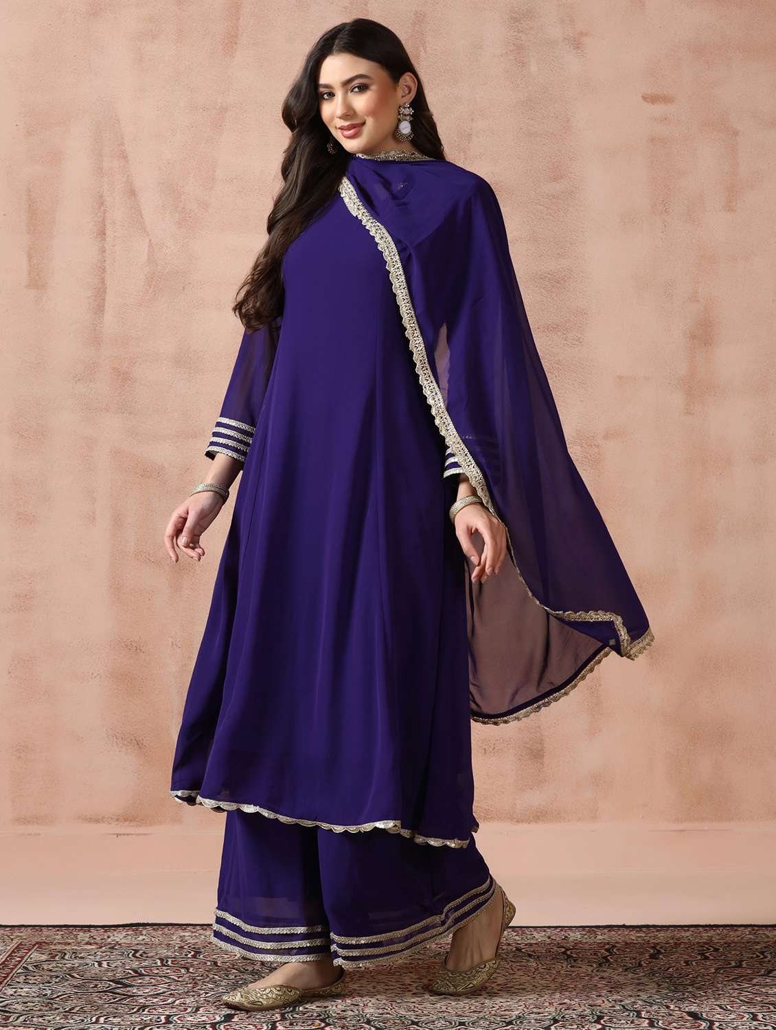 women solid long sleeve kurta palazzo with dupatta set