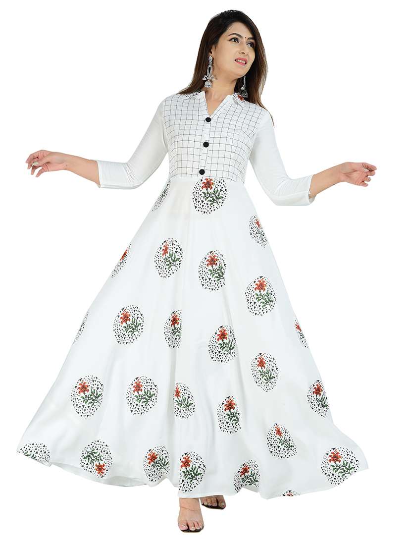 women printed three quarter sleeve flared kurta