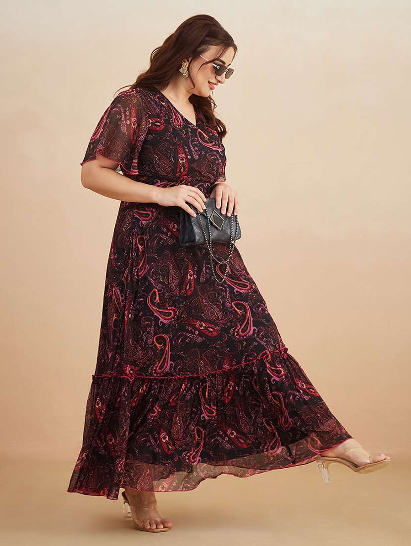 women printed v neck tiered dress